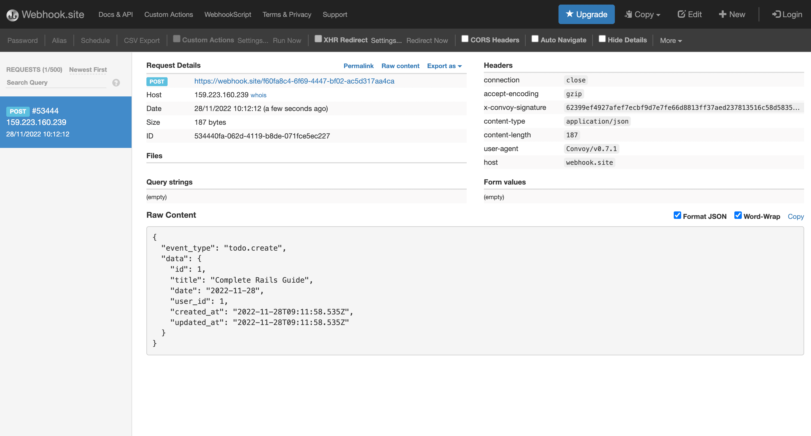 Webhooks.site endpoint page