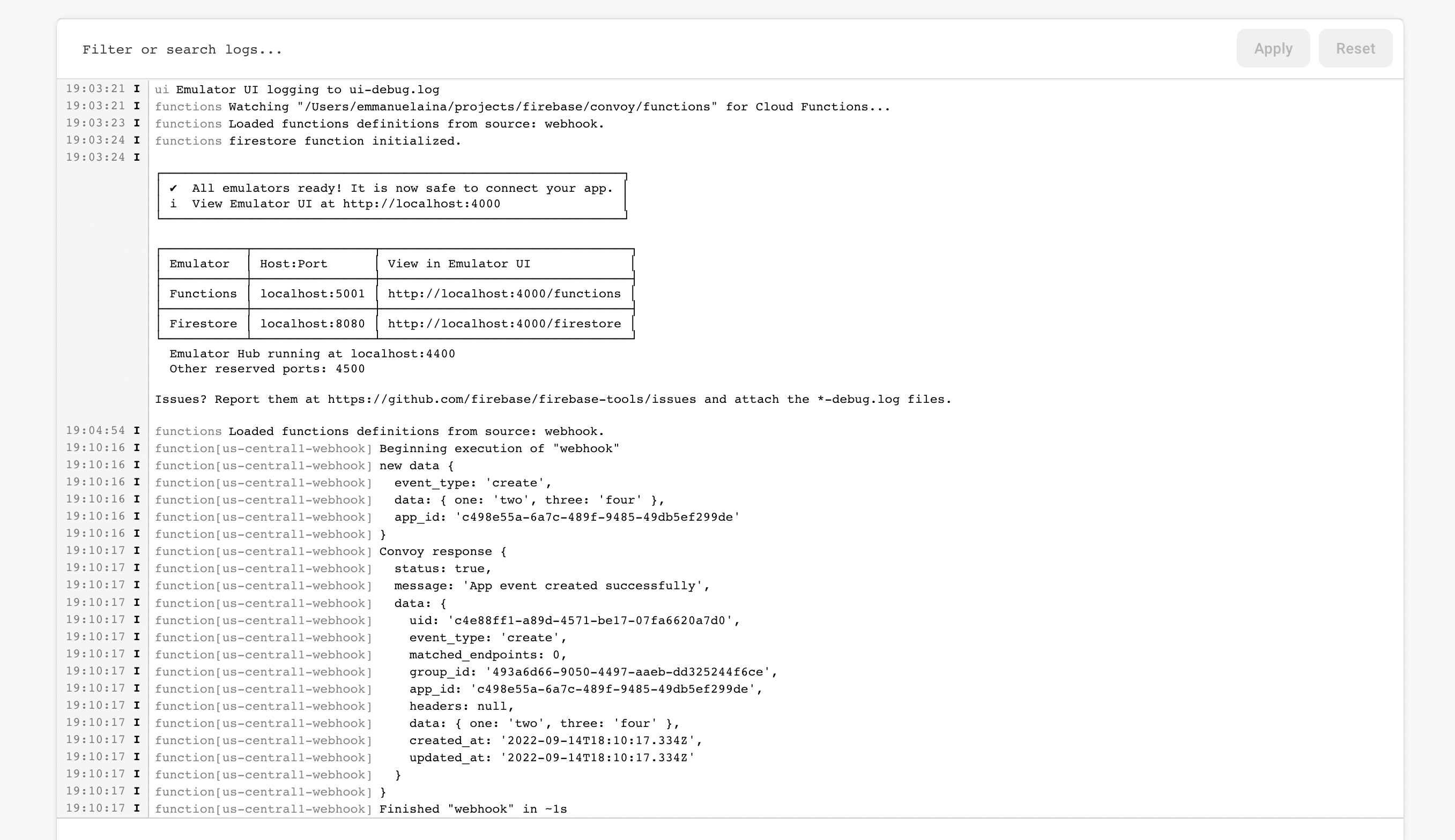 Logs from the fired function