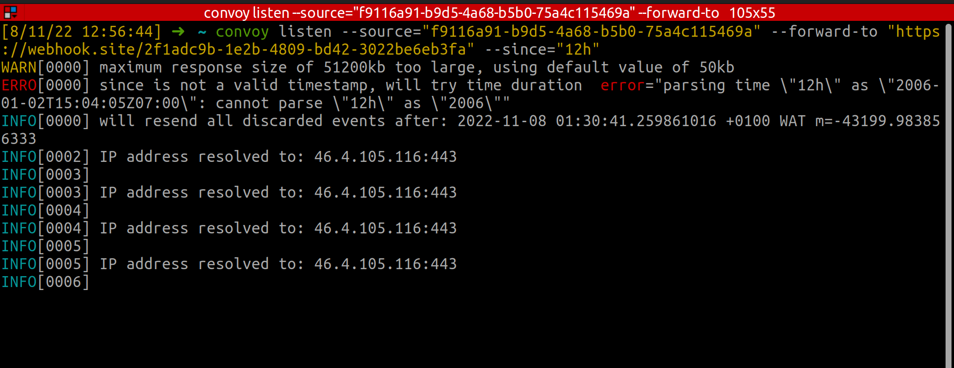 Running the listen command with —since as a valid time duration string